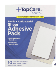 TopCare Antibacterial First Aid Antiseptic All One Size Adhesive Pads, Sheer