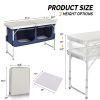 Outdoor Folding Table with Faux White MDF Top Aluminum Frame Rectangular Design Blue Fabric Storage Cabinet Adjustable to 3 Heights Portable Camping T